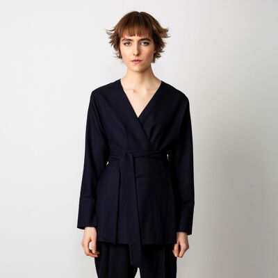 Blazer avvolgente in lana blu scuro