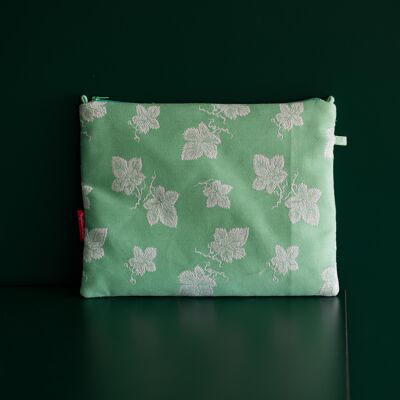 Green damask fabric handbag and toiletry bag