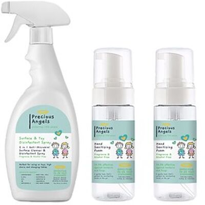 Pacchetto spray disinfettante per superfici e giocattoli e schiuma igienizzante delicata per le mani