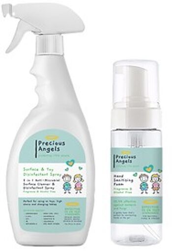 Spray désinfectant pour surfaces et jouets et mousse désinfectante douce pour les mains A