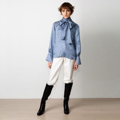 Bow tie blouse silk jacquard grey-blue