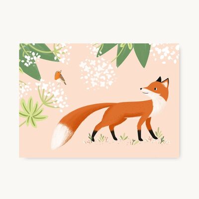 Postkarte Rotkehlchen und Fuchs