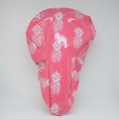Bicycle saddle cover, waterproof, in pineapple pink coated fabric