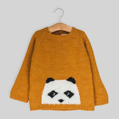 Pull jacquard à col rond moutarde ours en peluche