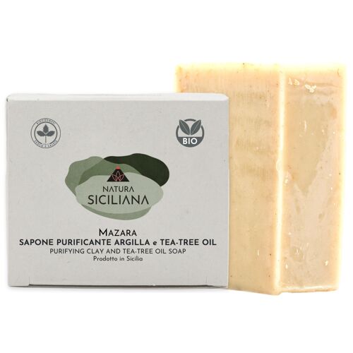 Purifying Organic Solid Soap/Body Wash For Sensitive Skin with Clay and Tea Tree Oil, Against Acne and Black Heads. Vegan, Handmade, Made In Italy, Plastic Free