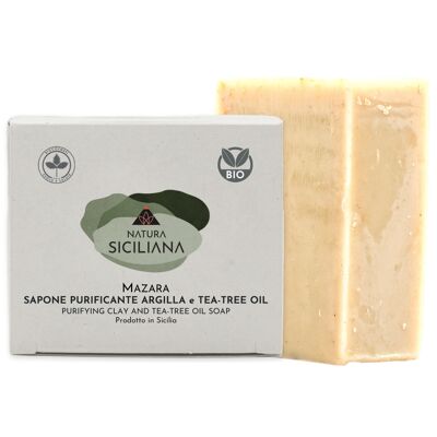 Sapone Solido Purificante/Detergente Corpo per Pelli Sensibili con Olio di Argilla e Tea Tree, Contro Acne e Punti Neri. Vegano, Fatto a Mano, Made In Italy, Plastic Free