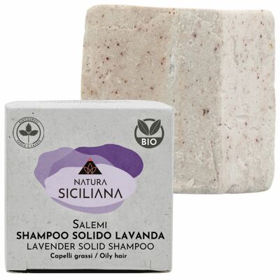 Organisches festes Shampoo für fettiges Haar, angereichert mit Lavendel, mit Kokosnussöl, Sheabutter und Kakaobutter. Vegan, handgemacht, plastikfrei