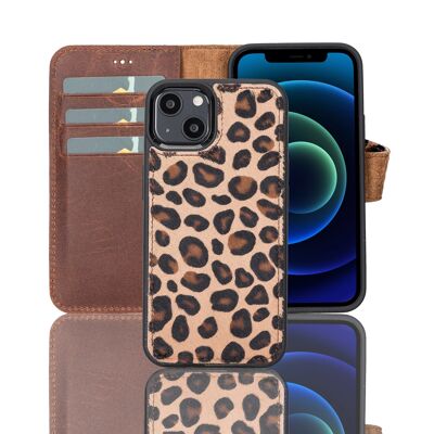 Leather Wallet Case for iPhone 13 Mini - Leopard