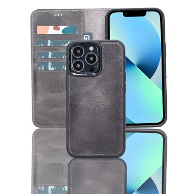 Leather Wallet Case for iPhone 13 Pro - Grey