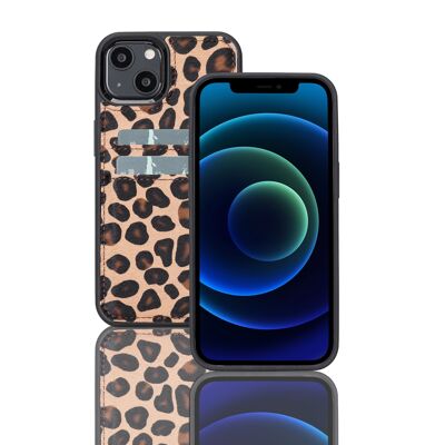 Leather Phone Case with Wallet for iPhone 13 - Leopard