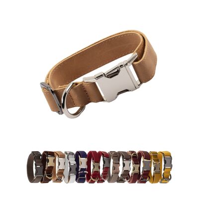 Genuine Leather Adjustable Strong Dog Collar - Soft Brown - Silver