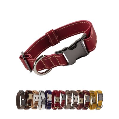 Genuine Leather Adjustable Strong Dog Collar - Red - Silver