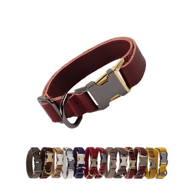 Genuine Leather Adjustable Strong Dog Collar - Claret - Silver