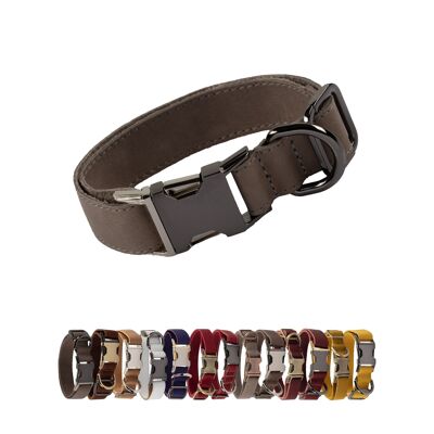 Genuine Leather Adjustable Strong Dog Collar - Dark Brown - Silver