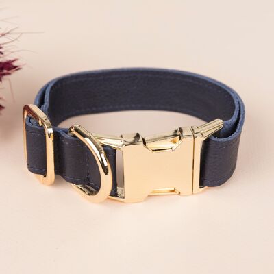 Genuine Leather Adjustable Strong Dog Collar - Navy Blue - Silver