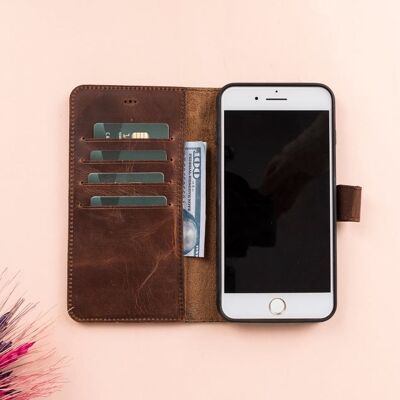 DelfiCase Leather Magnetic Detachable Wallet Case for iPhone 7/8 & 7/8 Plus - Brown - iPhone 7 Plus / 8 Plus