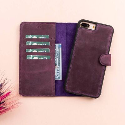 DelfiCase Leather Magnetic Detachable Wallet Case for iPhone 7/8 & 7/8 Plus - Purple - iPhone 7/8