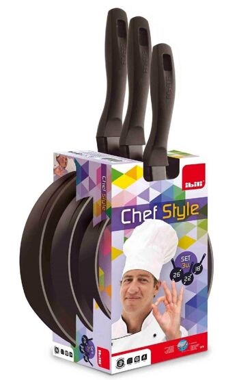 IBILI - Lot de 3 poêles style chef, 18 + 22 + 26 cm, Aluminium, Antiadhésives, Convient pour induction 5