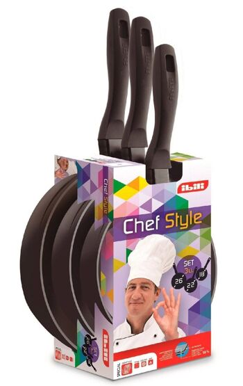 IBILI - Lot de 3 poêles style chef, 18 + 22 + 26 cm, Aluminium, Antiadhésives, Convient pour induction 3