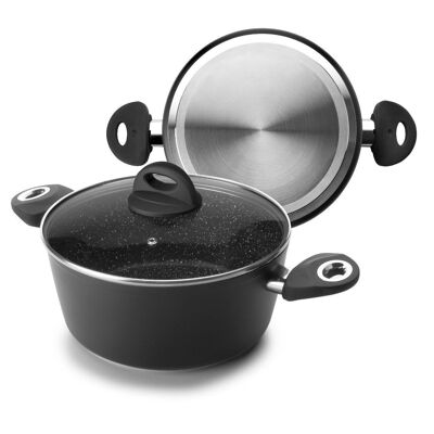 IBILI - Natural saucepan with glass lid, 28 cm, Stone style non-stick, Suitable for induction