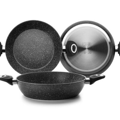 IBILI - Deep frying pan with 2 natural handles, 28 cm, Aluminum, Stone style non-stick, Suitable for induction