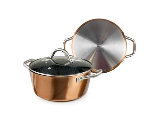 IBILI - Cacerola natura copper cobre con tapa de cristal, 24 cms, Antiadherente estilo piedra, Apta para induccion