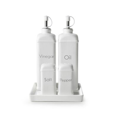 IBILI - Set vintage per olio, ampolla, sale e pepe, ceramica + acciaio inossidabile