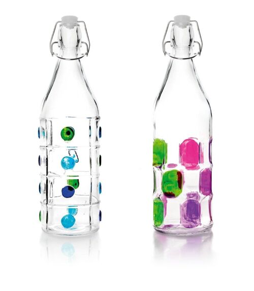 IBILI - Botella 1 lt decorada, Vidrio, Reutilizable, Modelo aleatorio