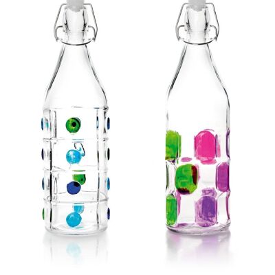IBILI - Dekorierte 1-Liter-Flasche, Glas, wiederverwendbar, zufälliges Modell