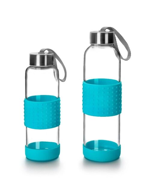 IBILI - Botella de vidrio sky 360 ml azul, Borosilicato, Reutilizable, protector anti-golpes