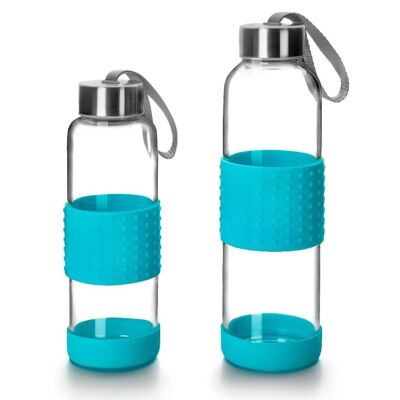 IBILI - Botella de vidrio sky 360 ml azul, Borosilicato, Reutilizable, protector anti-golpes