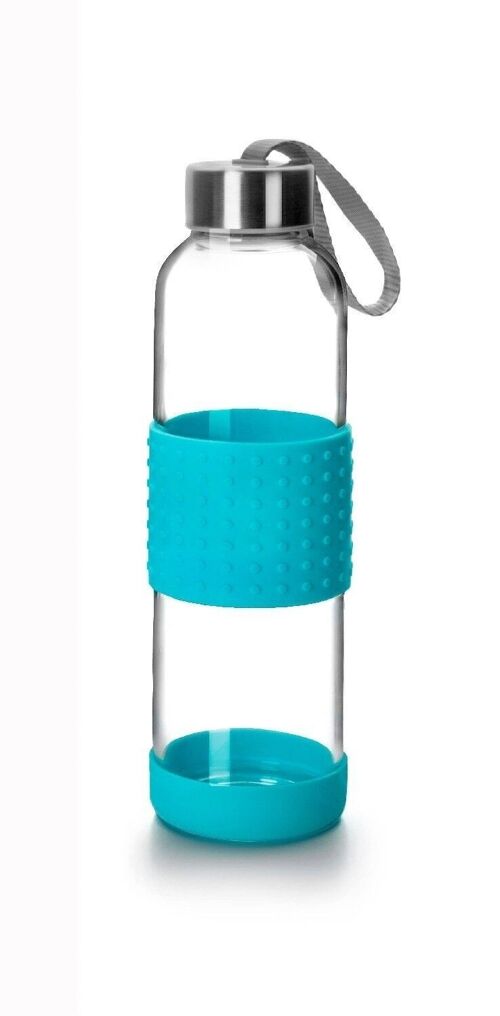 IBILI - Botella de vidrio sky 500 ml azul, Borosilicato, Reutilizable, protector anti-golpes