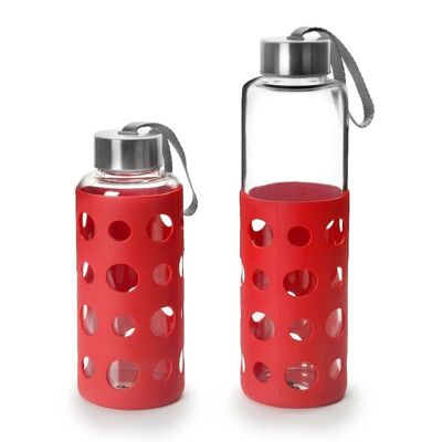 IBILI - Bottiglia in vetro Lake 400 ml rossa, Borosilicato, Riutilizzabile, protezione anti-shock