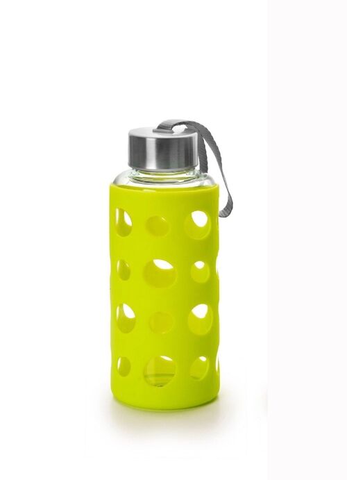 IBILI - Botella de vidrio lake 400 ml verde, Borosilicato, Reutilizable, protector anti-golpes