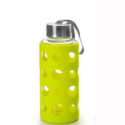 IBILI - Botella de vidrio lake 400 ml verde, Borosilicato, Reutilizable, protector anti-golpes