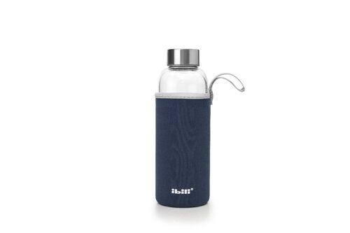 IBILI - Botella boros.neoprene dark blue 420 ml, Borosilicato, Reutilizable, protector anti-golpes