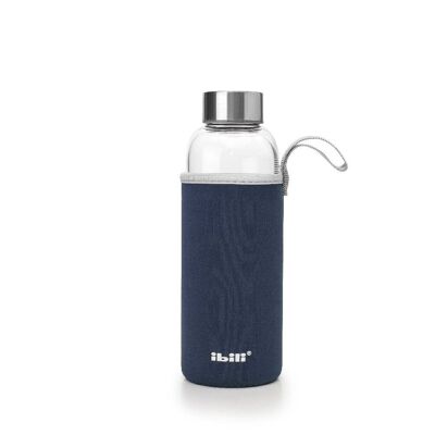 IBILI - Bottiglia Boros.neoprene blu scuro 420 ml, borosilicato, riutilizzabile, protezione anti-shock