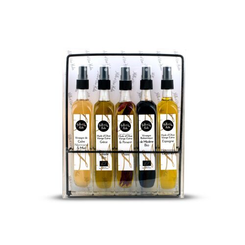 Farandole d'Assaisonnements - 5 bouteilles de 100 ml avec spray : huile d'olive harmonie Salade, vinaigre de cidre Bio, huile d'olive Harmonie Pizza, vinaigre balsamique, huile d'olive Harmonie Légumes