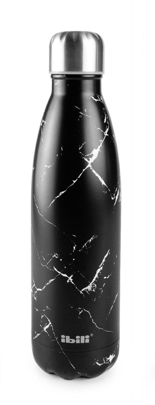 IBILI - Botella termo black marble 500, Acero Inoxidable 18/10, Doble pared, Reutilizable