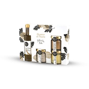 Coffret Quartet de Truffes : huile d'olive à la truffe noire 50 ml AB*, sel & truffe 30 g, beurre & truffe 30 g, crème de cèpes et truffe 30 g