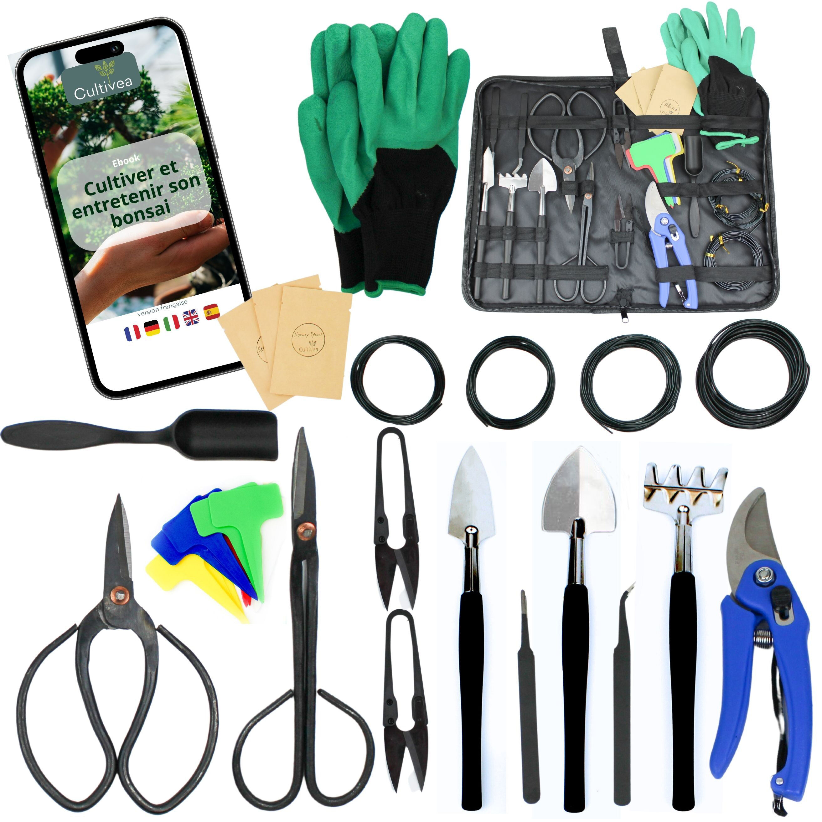 Cultivea® Lot de 32 Outils Complet bonsaï – Outil en Acier - Jardinez - Cisailles à bonsaï pour Entretien de Vos bonsaïs et Plantes - Ciseaux - Pince - Taillage et élagage bonsaï - Fil Aluminium