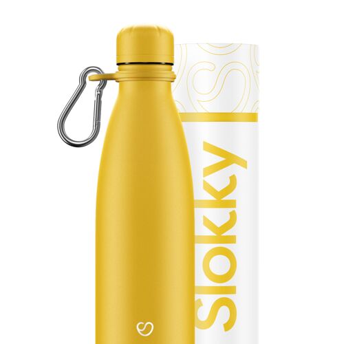 MATTE YELLOW BOTTLE, LID & CARABINER - 500ML ⎜ eco drinkfles • herbruikbare thermosfles • duurzame waterfles • geisoleerde fles