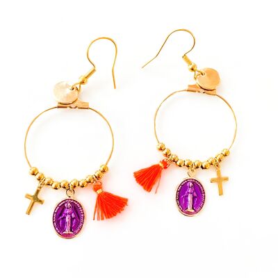 Rainbow Mary Purple Medals Hoop Earrings