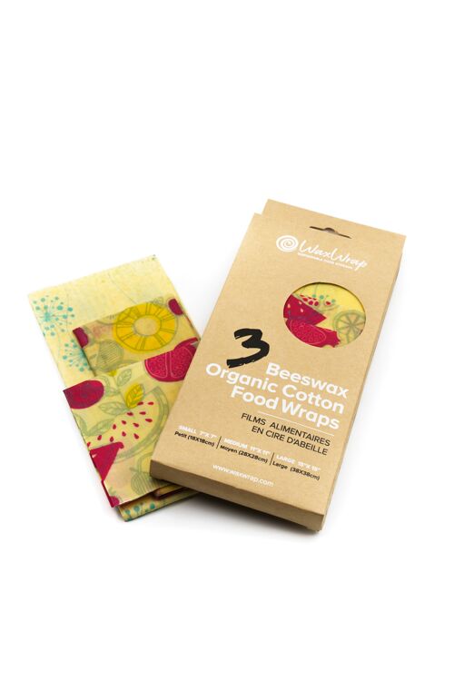 WaxWrap - Emballage alimentaire écologique réutilisable en coton biologique- Pack de 3 films