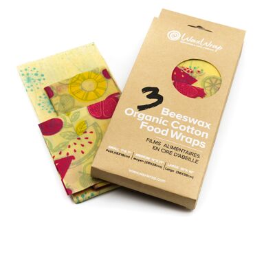 WaxWrap - Envoltura alimentaria ecológica reutilizable de algodón orgánico - Pack de 3 envoltorios