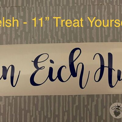 Welsh Wording of Large 11" Treat Yourself Word/sign Decal for Stalls/walls , Silver Holographic , SKU1133