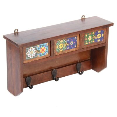 Oriental shelf Raya with three coat hooks & 3 drawers | Vintage wooden coat rack