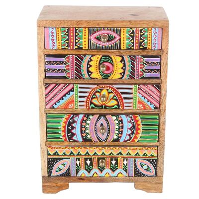 Oriental jewelry box Indica made of mango wood African hand-painted mini chest of drawers