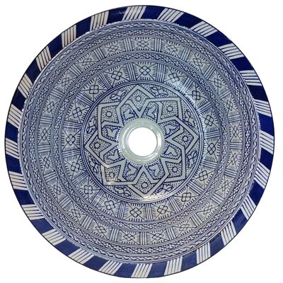 Marokkanisches Keramik Waschbecken Fes102 blau weiß Ø 35cm rund Waschschüssel aus Marokko