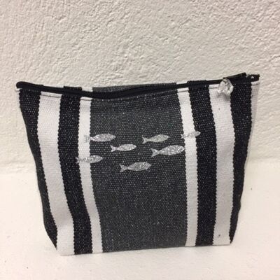 TGM pencil case in anthracite striped cotton / silver fish